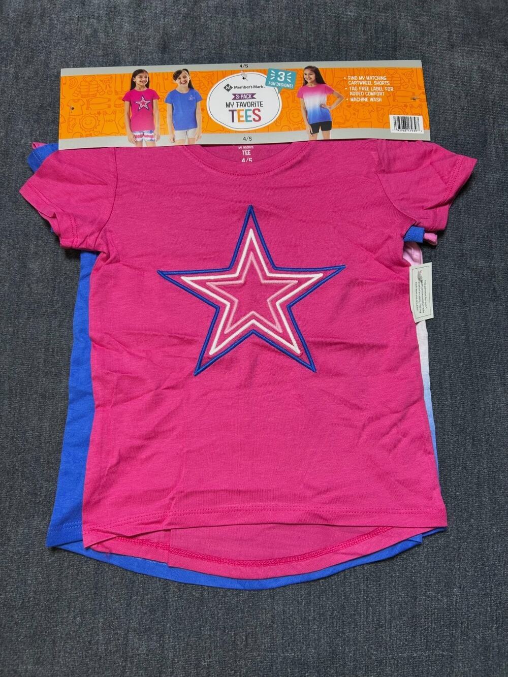 Member's Mark Tag Free My Favorite Active Tees Girls 4/5 Multicolor - 3-Pack